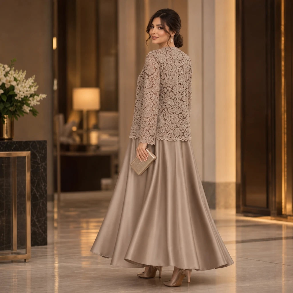 Dames Kant Jasje en Satijn Maxi Jurk Set - Elegante Avondlook
