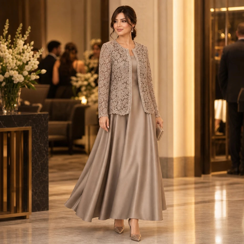 Dames Kant Jasje en Satijn Maxi Jurk Set - Elegante Avondlook