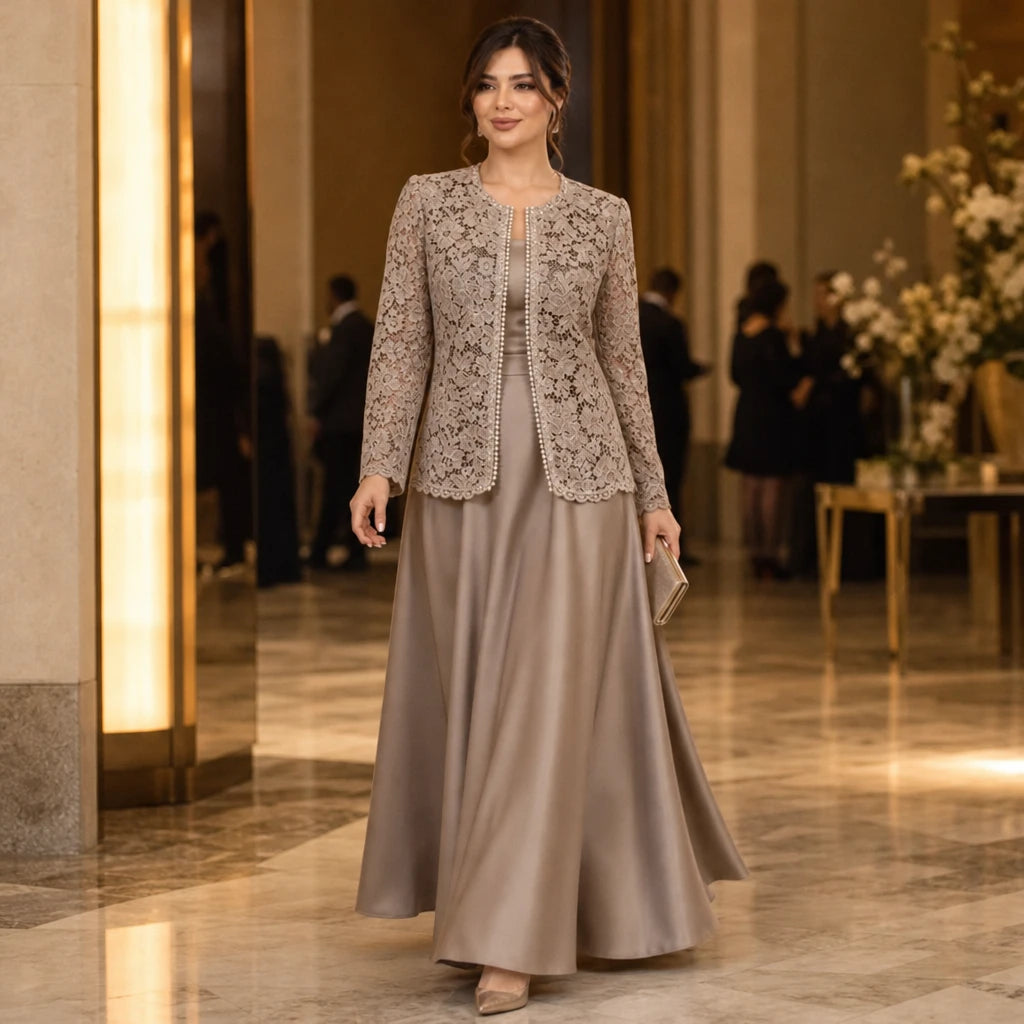 Dames Kant Jasje en Satijn Maxi Jurk Set - Elegante Avondlook