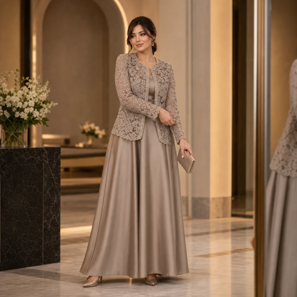 Dames Kant Jasje en Satijn Maxi Jurk Set - Elegante Avondlook