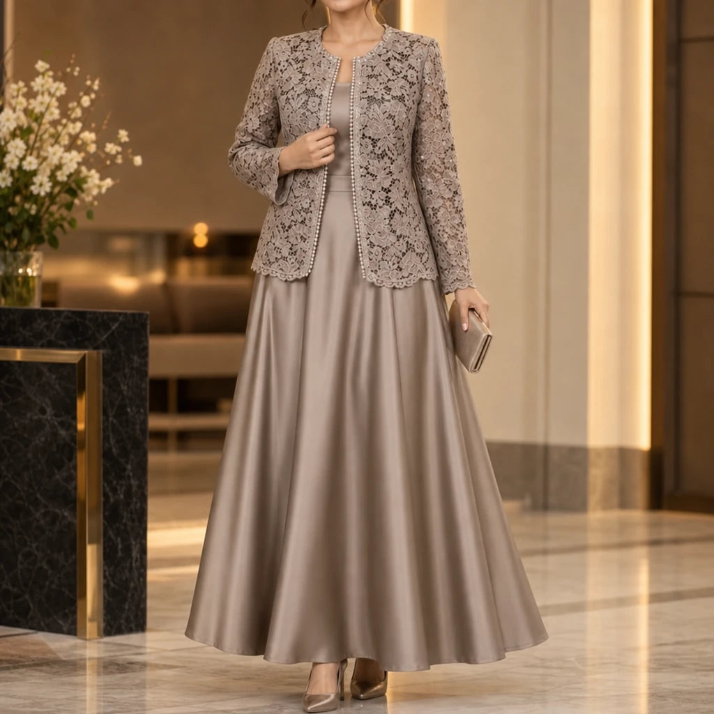 Dames Kant Jasje en Satijn Maxi Jurk Set in taupe grijs, Elegante Avondlook