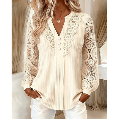 Dames Kant Lange Mouwen Blouse in beige, Elegante V-hals