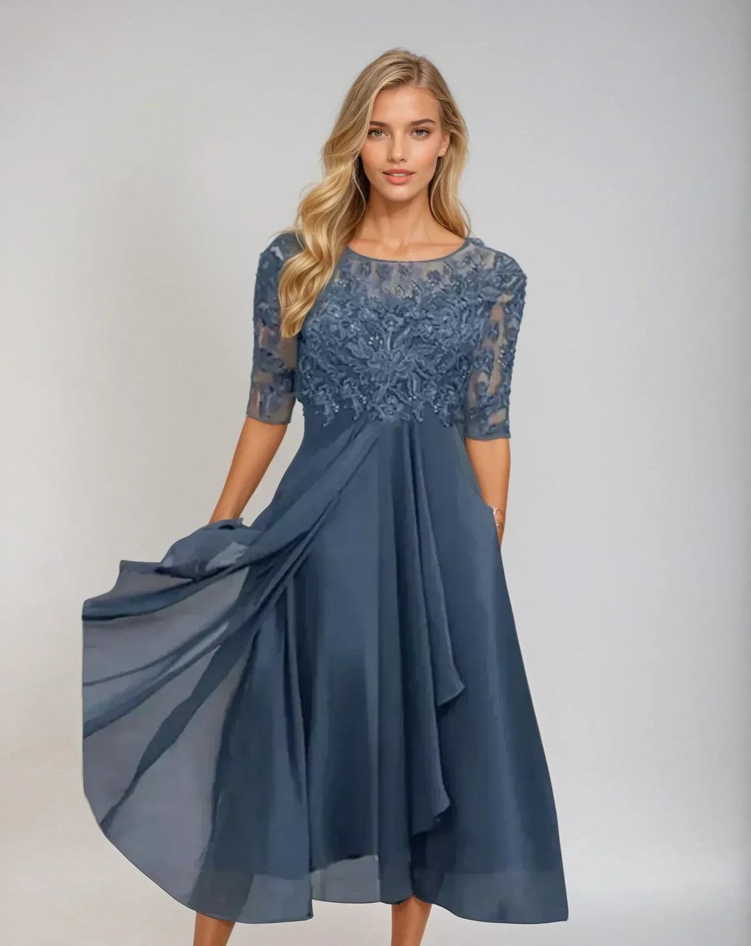 Dames Kant Midi Jurk in blauw, Elegant en Verfijnd