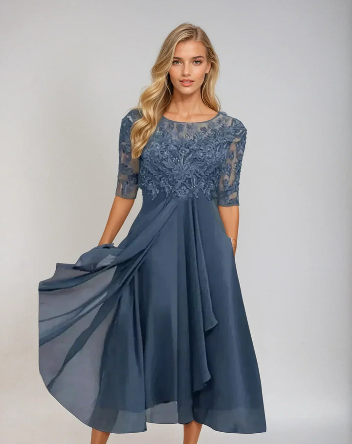 Dames Kant Midi Jurk in blauw, Elegant en Verfijnd
