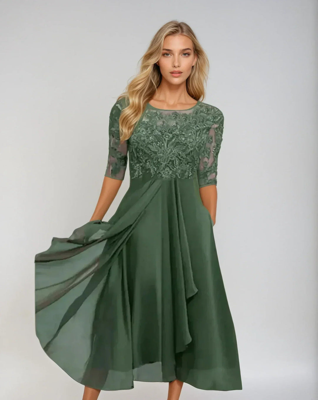 Dames Kant Midi Jurk in groen, Elegant en Verfijnd