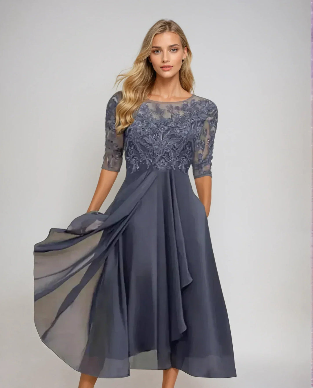 Dames Kant Midi Jurk in paars, Elegant en Verfijnd