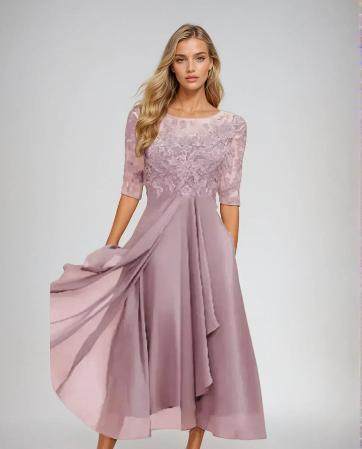 Dames Kant Midi Jurk in roze, Elegant en Verfijnd