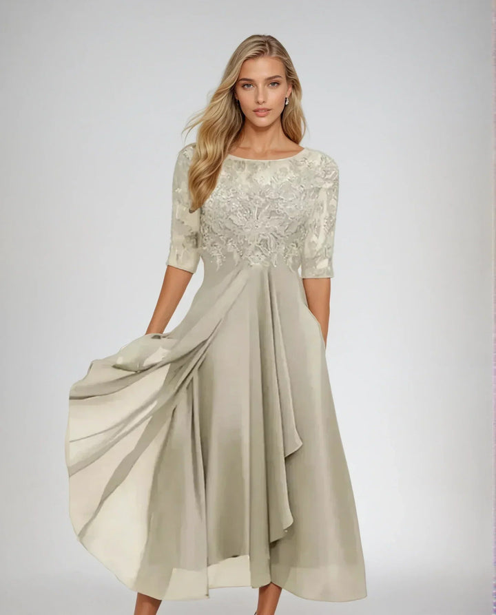 Dames Kant Midi Jurk in wit, Elegant en Verfijnd