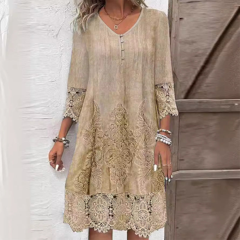 Dames Kant Midi Jurk in khaki, Elegante Zomerlook