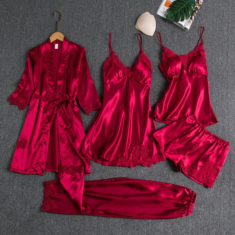 Dames Kant Pyjama Set in rood, Elegant Loungewear