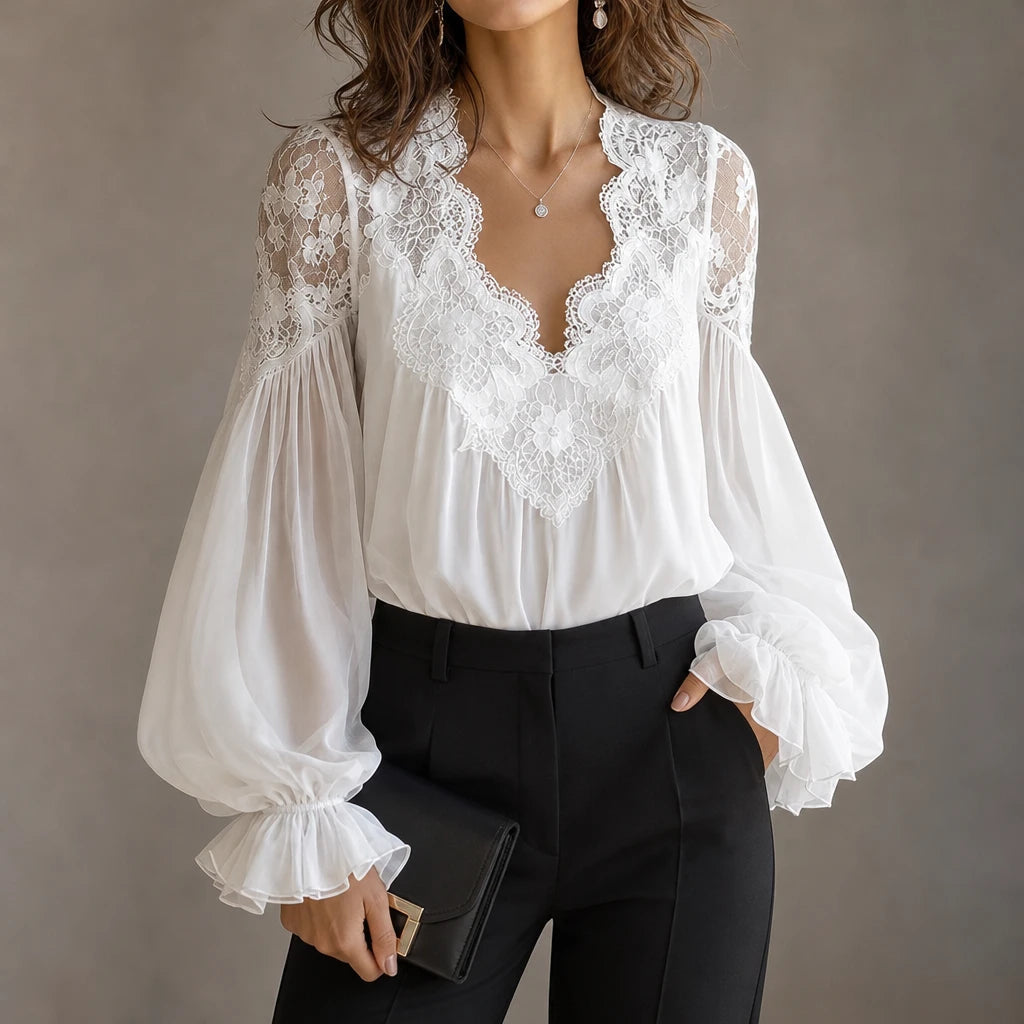 Dames Kant Ruches Blouse - Vintage Elegantie