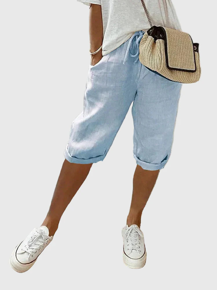 Dames Katoenen Linnen Shorts - Lichte Zomerbroek - Blauw