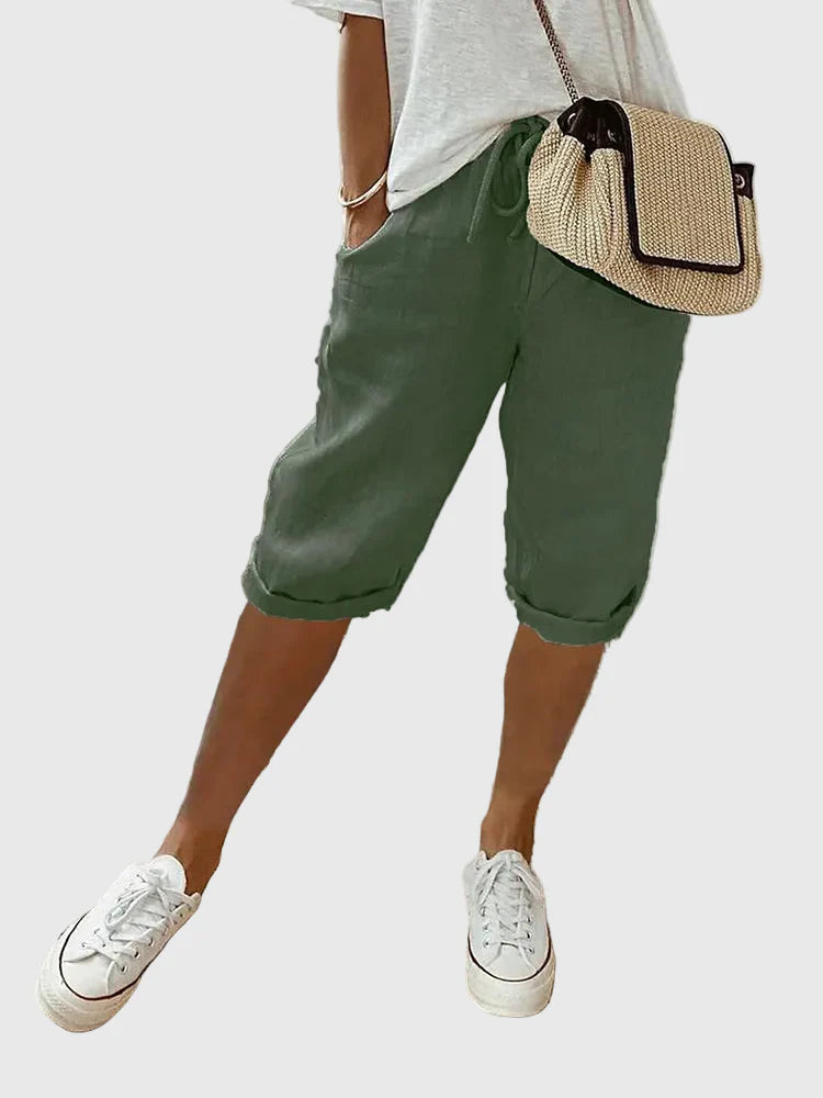 Dames Katoenen Linnen Shorts - Lichte Zomerbroek - Groen