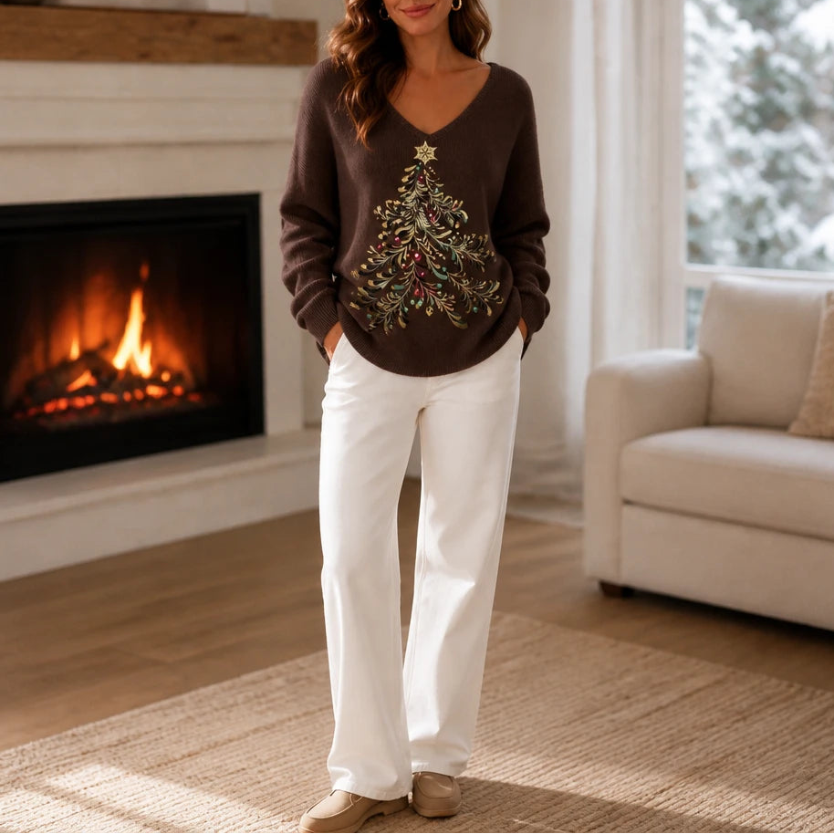 Dames Kerstboom Grafische Trui in bruin, Gezellige Feestlook