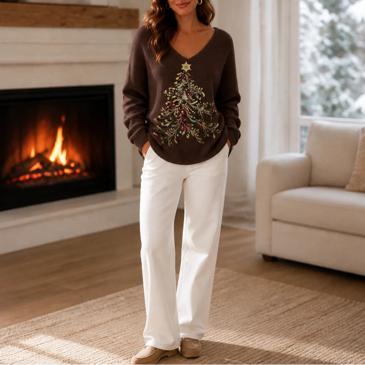 Dames Kerstboom Grafische Trui in bruin, Gezellige Feestlook