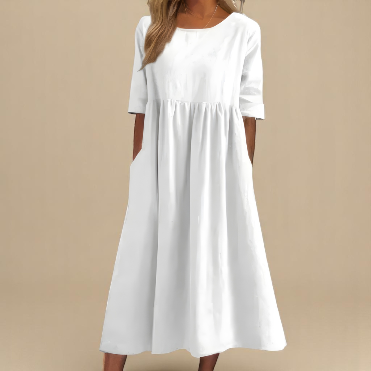 Dames klassieke jurk met halflange mouwen - Comfortabel dagelijks - Wit