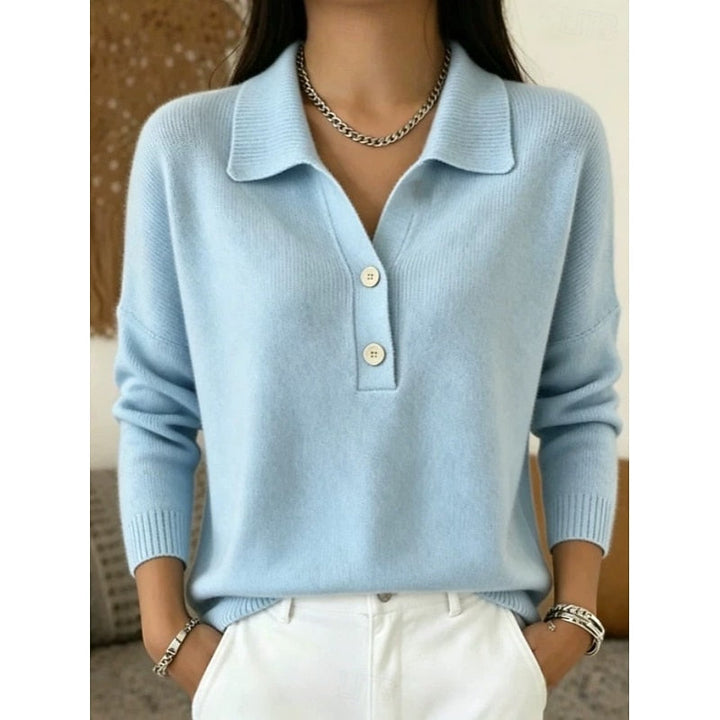 Dames Kraag Knoop Pullover in blauw, Verfijnd Comfort