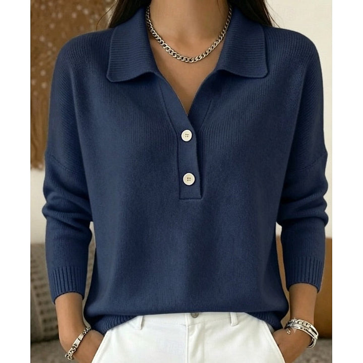 Dames Kraag Knoop Pullover in donkerblauw, Verfijnd Comfort