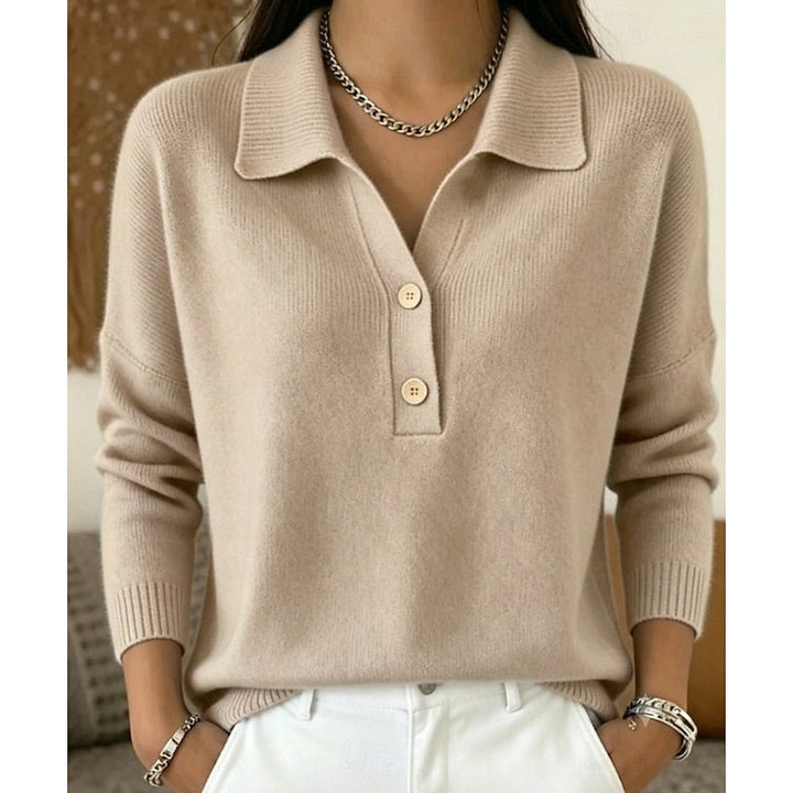 Dames Kraag Knoop Pullover in khaki, Verfijnd Comfort