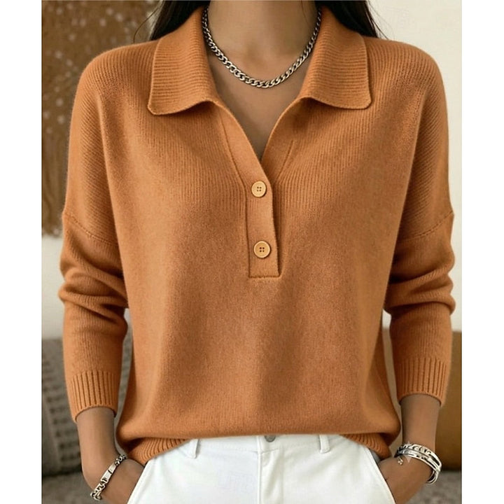 Dames Kraag Knoop Pullover in lichtbruin, Verfijnd Comfort