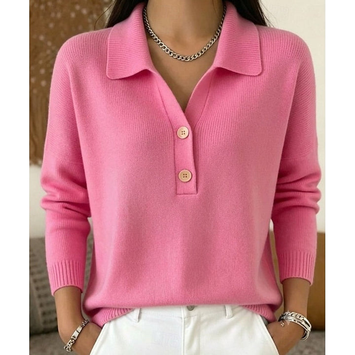 Dames Kraag Knoop Pullover in roze, Verfijnd Comfort