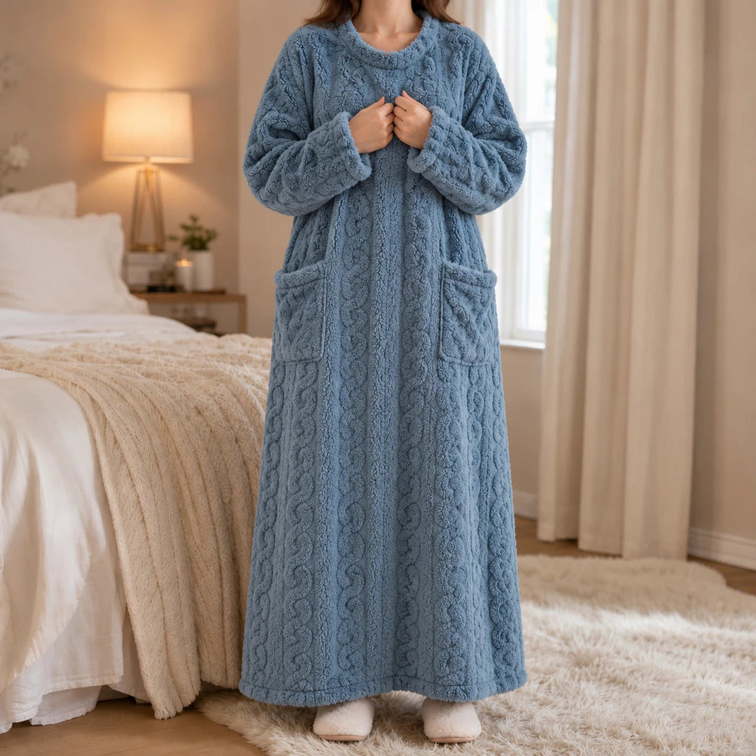 Dames lange fluweelachtige huisjurk - warm en comfortabel
