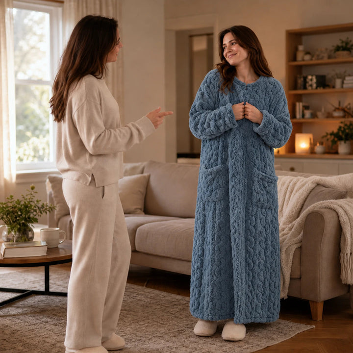 Dames lange fluweelachtige huisjurk - warm en comfortabel