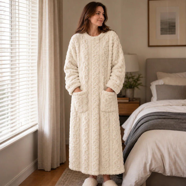 Dames lange fluweelachtige huisjurk - warm en comfortabel