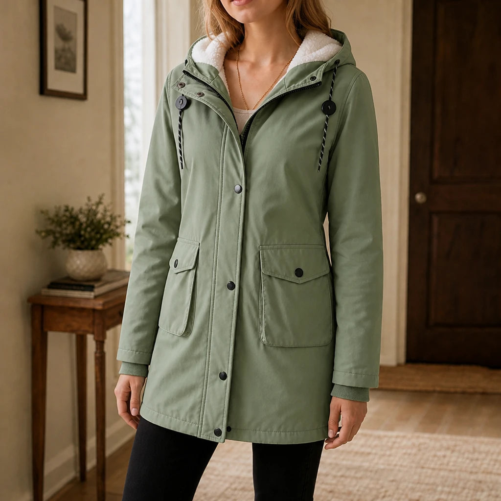 Dames lange gewatteerde parka met capuchon in groen, Warm en slank