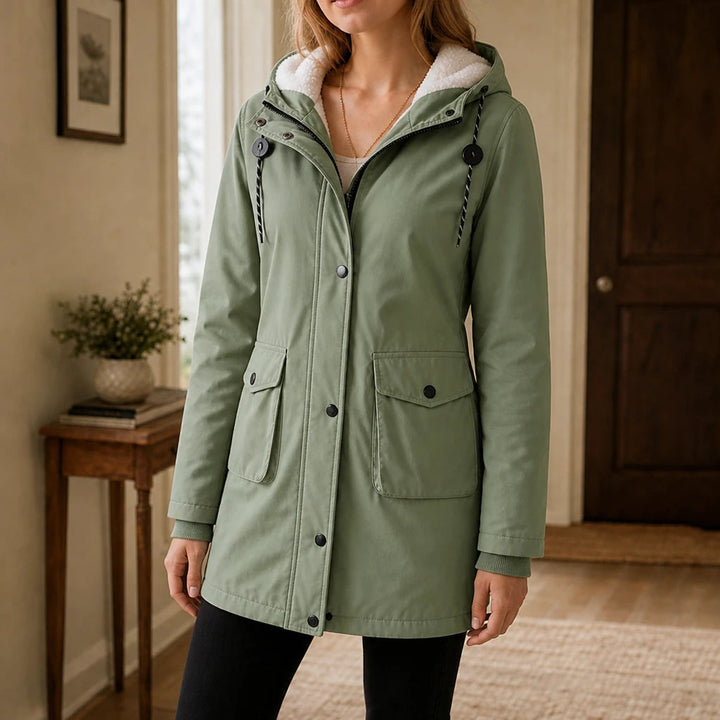 Dames lange gewatteerde parka met capuchon in groen, Warm en slank