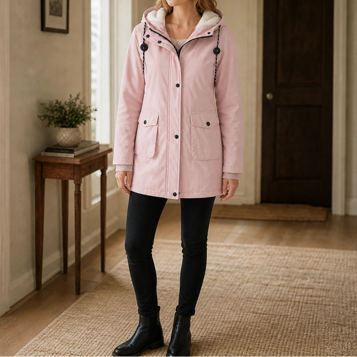 Dames lange gewatteerde parka met capuchon in roze, Warm en slank