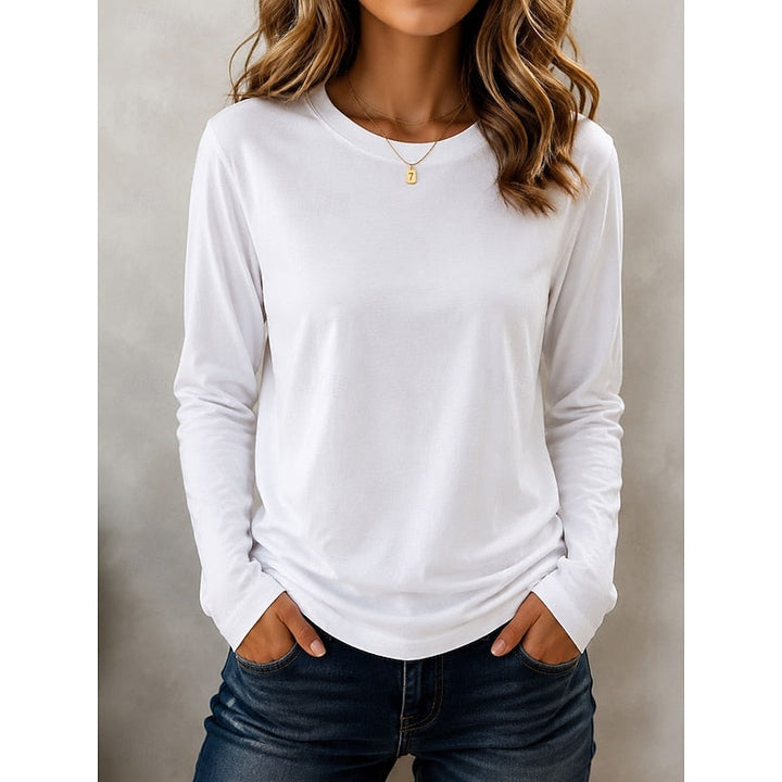 Dames Lange Mouwen Crew Neck Top in wit, Klassiek Essentieel
