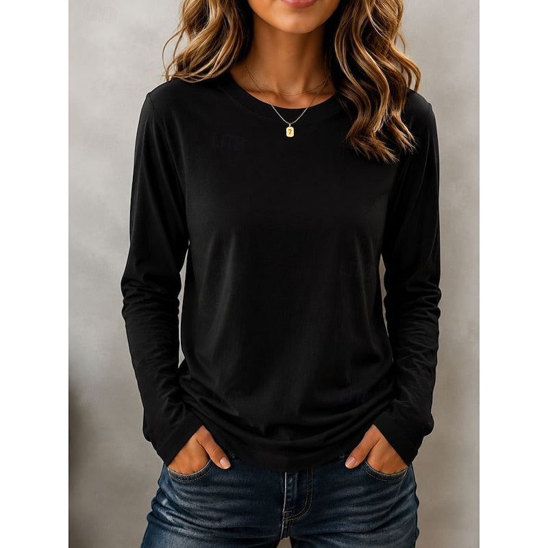 Dames Lange Mouwen Crew Neck Top in zwart, Klassiek Essentieel