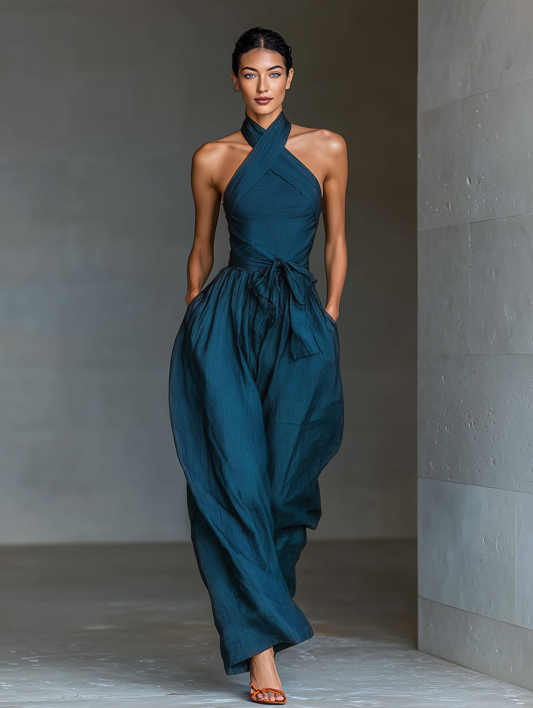 Dames linnen jumpsuit met kruisrug - wijde pijpen - Marineblauw