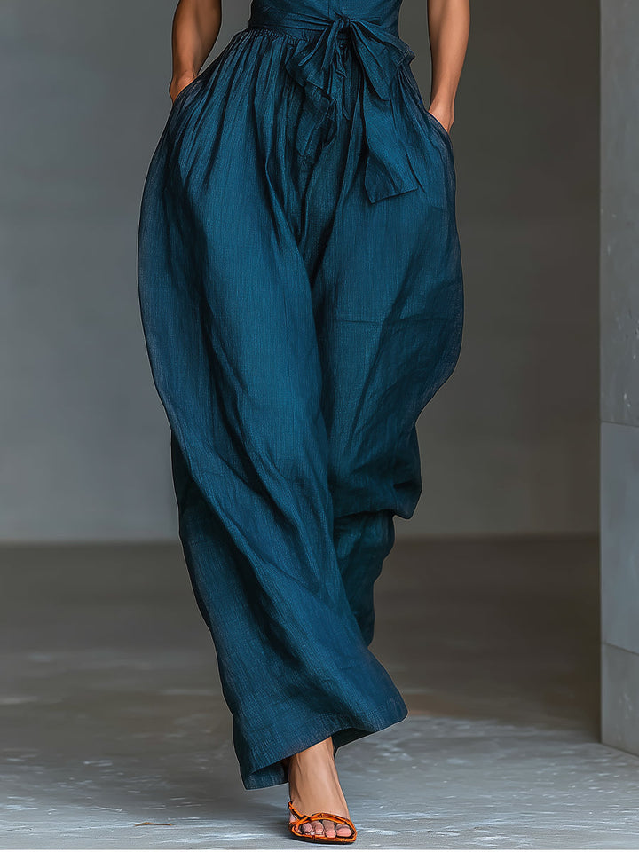 Dames linnen jumpsuit met kruisrug - wijde pijpen