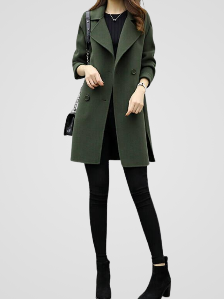 Dames Longline Jas met Scherpe Revers - Dubbele Rij Knopen
