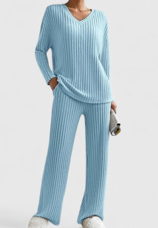Dames Loungewear Set - Comfortabel V-hals Sweater & Wijde Broek - Hemelsblauw