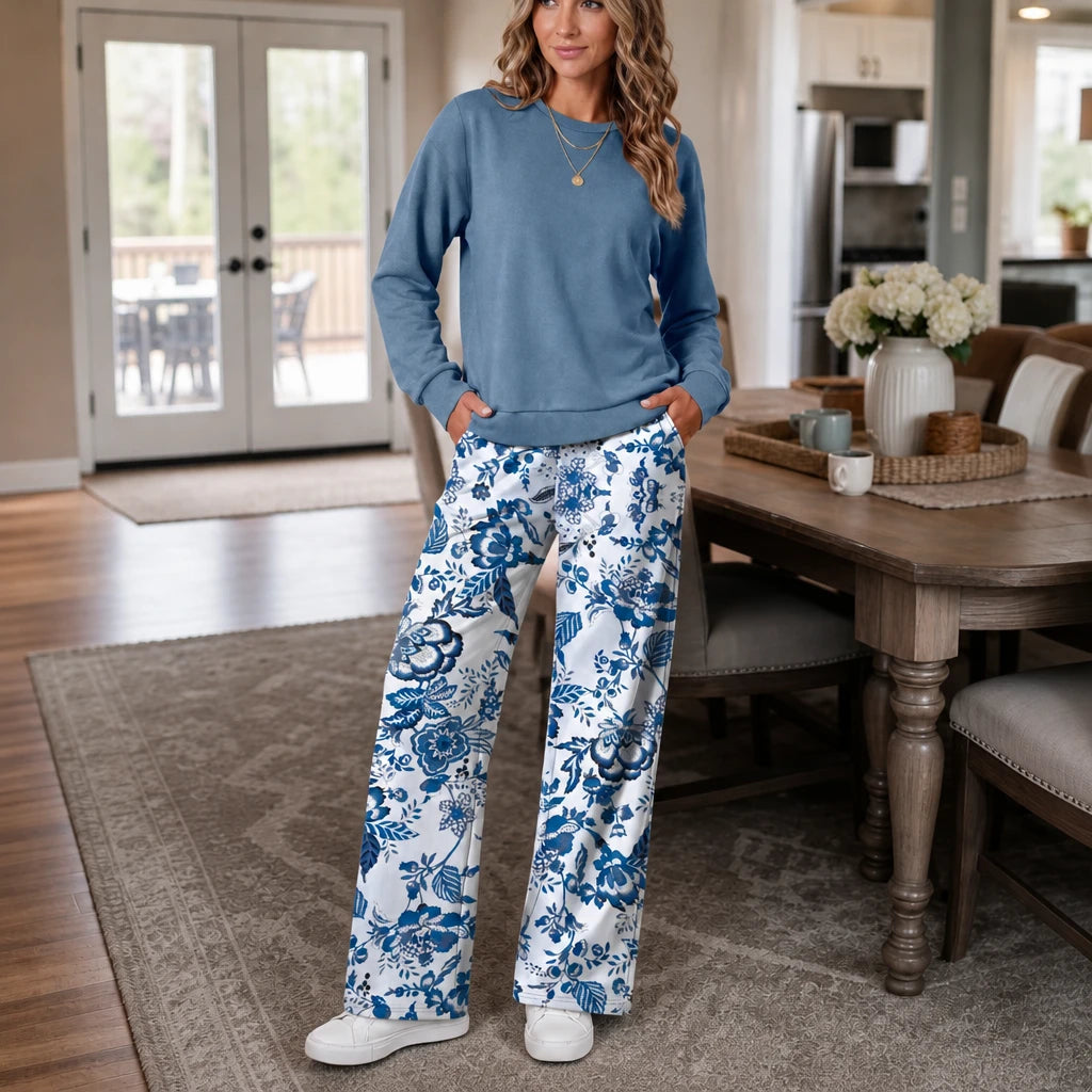 Dames Loungewear Set Crewneck Sweater in blauw bloemenprint, Comfortabel Wijde Broek