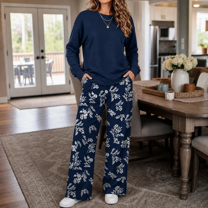 Dames Loungewear Set Crewneck Sweater in marineblauw bloemenprint, Comfortabel Wijde Broek