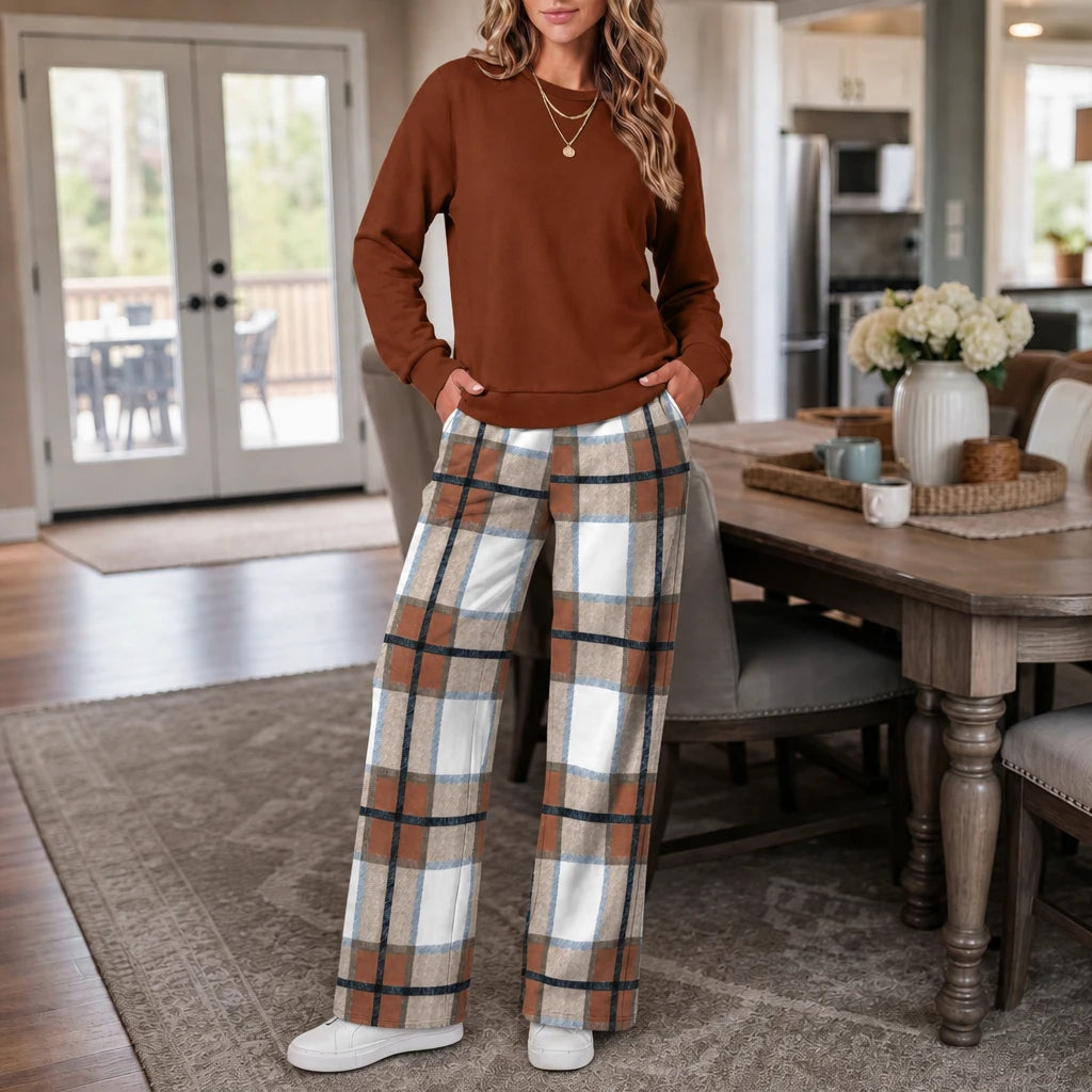 Dames Loungewear Set Crewneck Sweater in roestbruin ruit, Comfortabel Wijde Broek