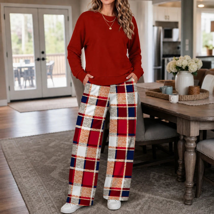 Dames Loungewear Set Crewneck Sweater in rood ruit, Comfortabel Wijde Broek