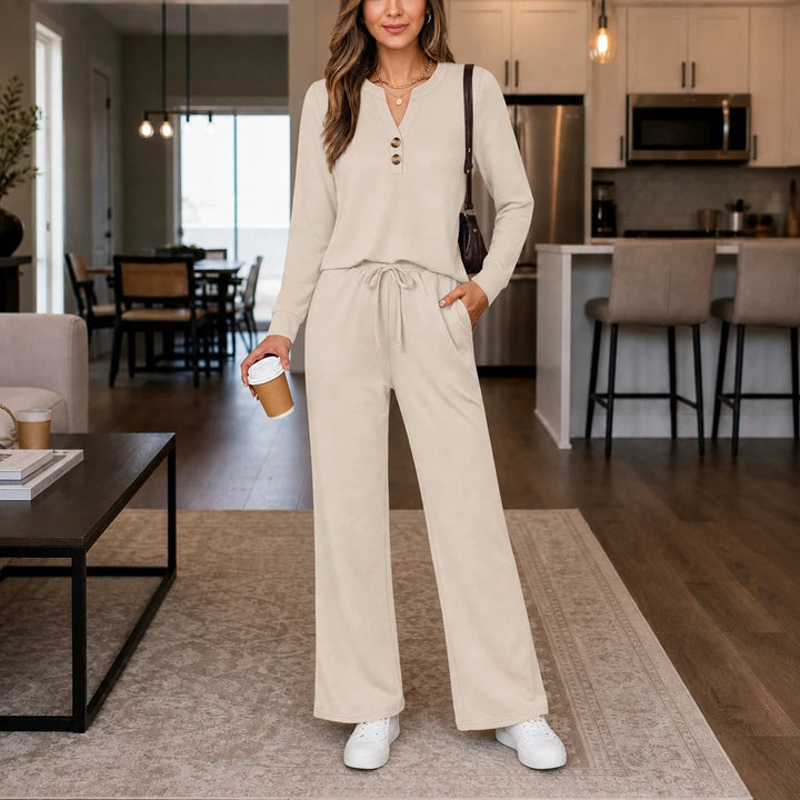 Dames Loungewear Set Wijde Pijpen in beige, Comfortabel & Stijlvol