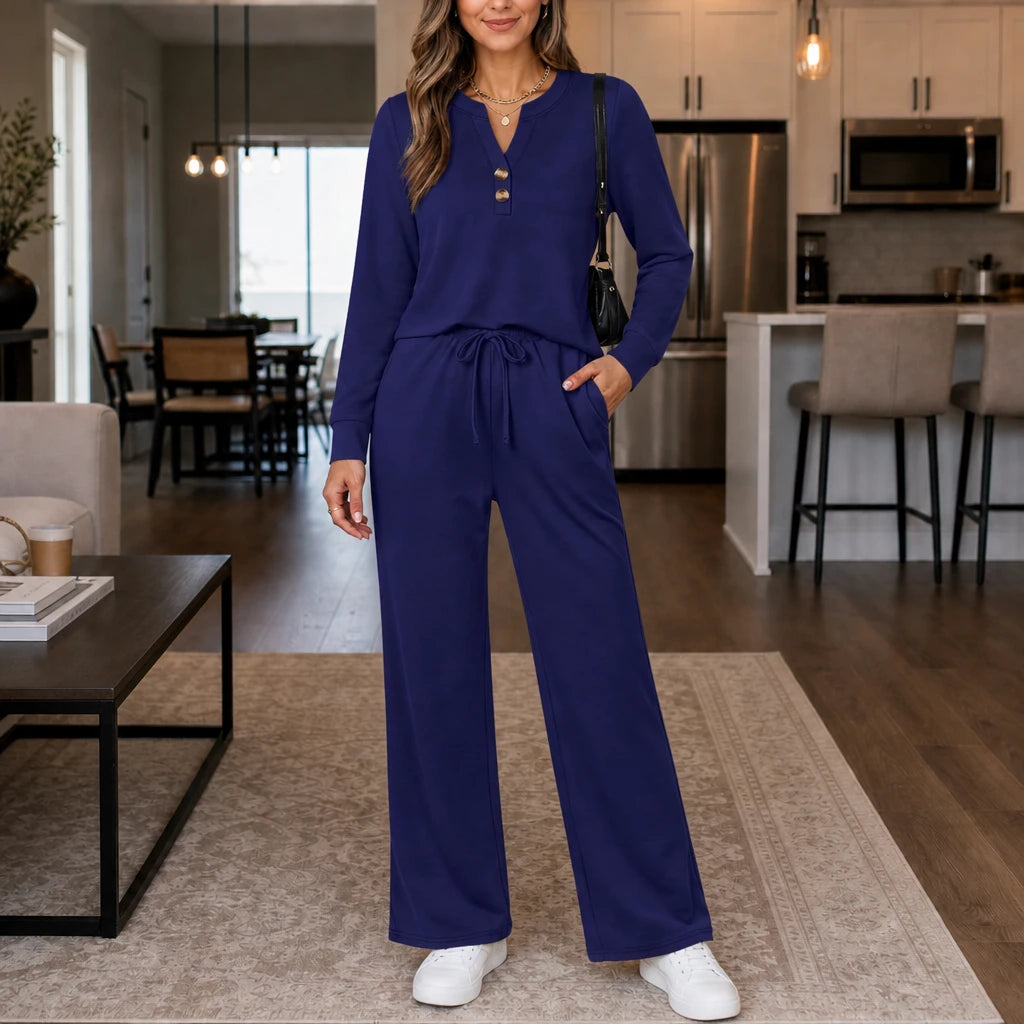 Dames Loungewear Set Wijde Pijpen in marineblauw, Comfortabel & Stijlvol