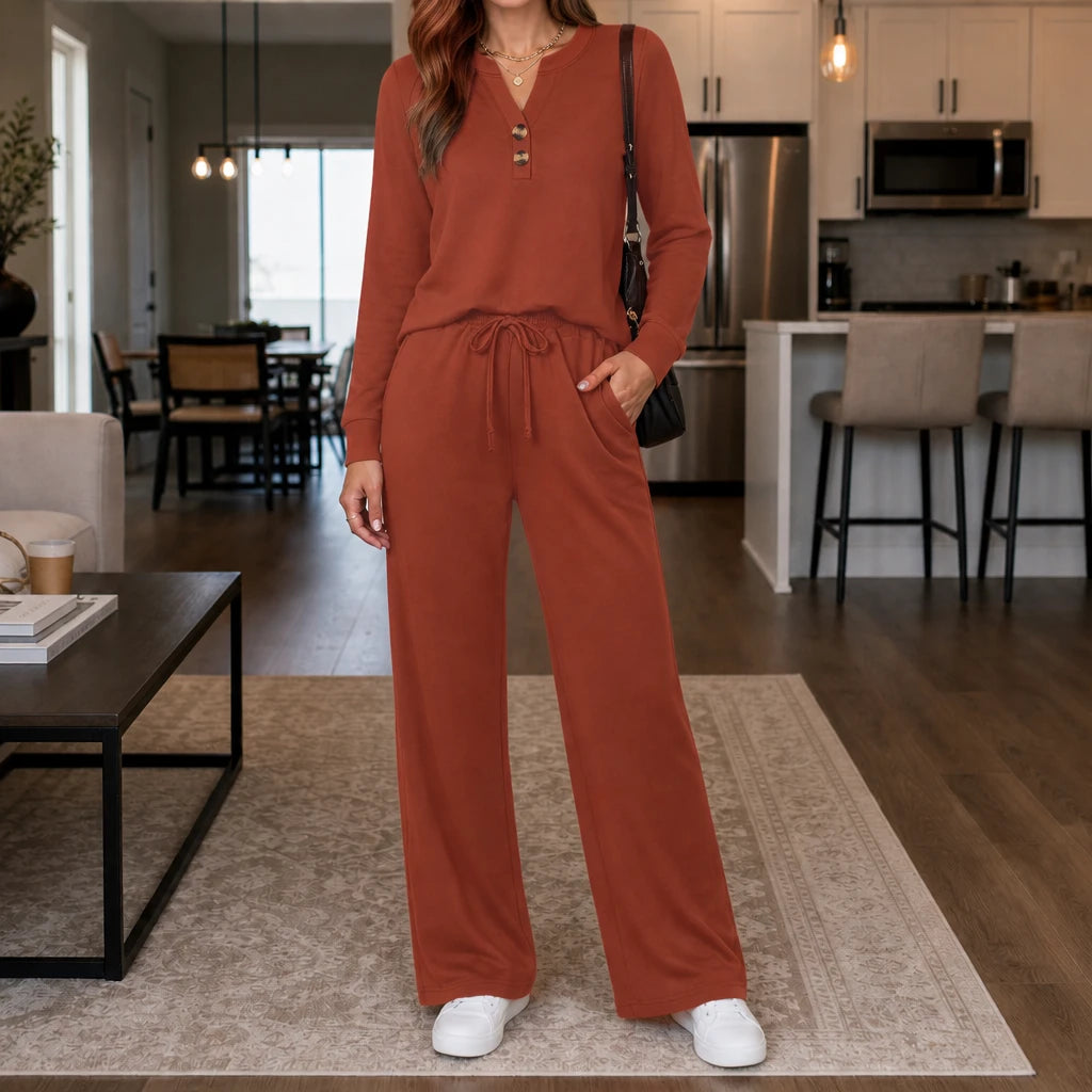 Dames Loungewear Set Wijde Pijpen in roestbruin, Comfortabel & Stijlvol