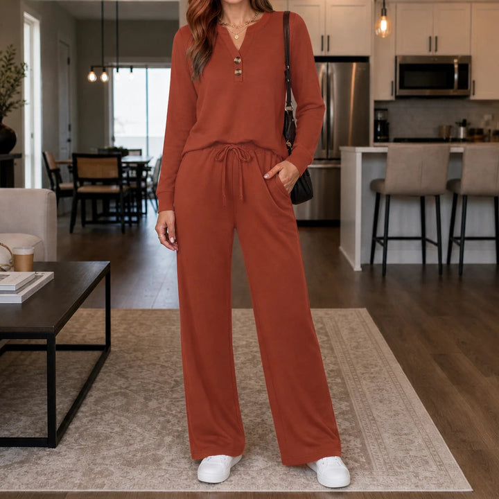 Dames Loungewear Set Wijde Pijpen in roestbruin, Comfortabel & Stijlvol
