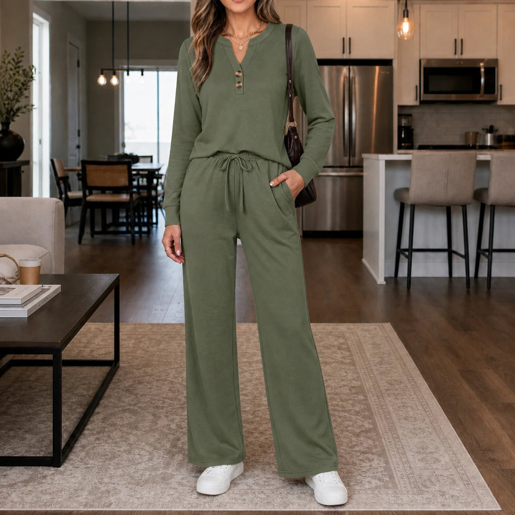 Dames Loungewear Set Wijde Pijpen in saliegroen, Comfortabel & Stijlvol