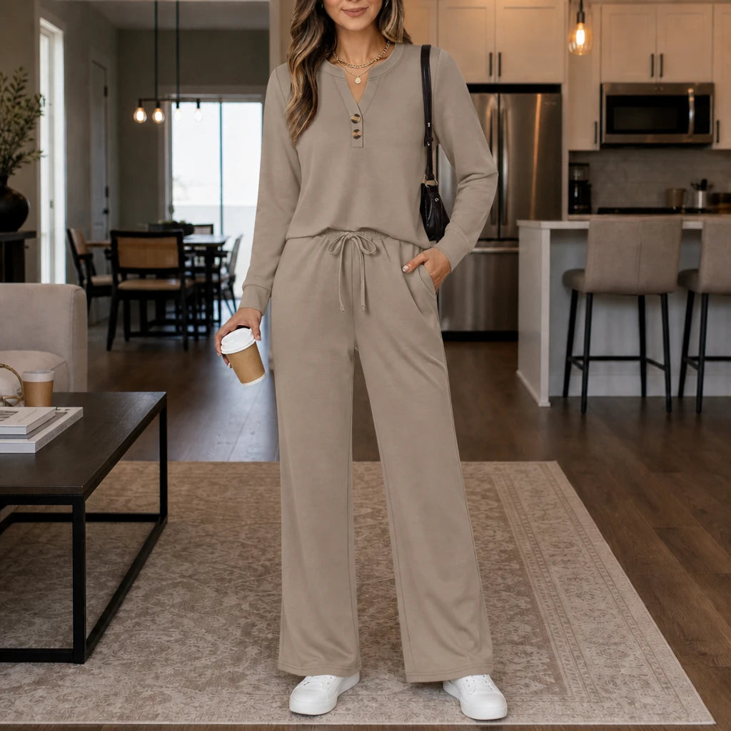 Dames Loungewear Set Wijde Pijpen in taupe, Comfortabel & Stijlvol