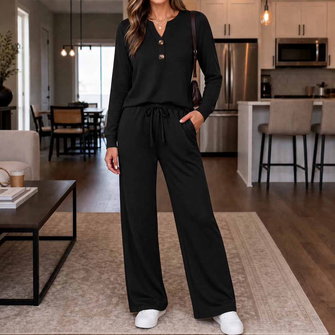 Dames Loungewear Set Wijde Pijpen in zwart, Comfortabel & Stijlvol