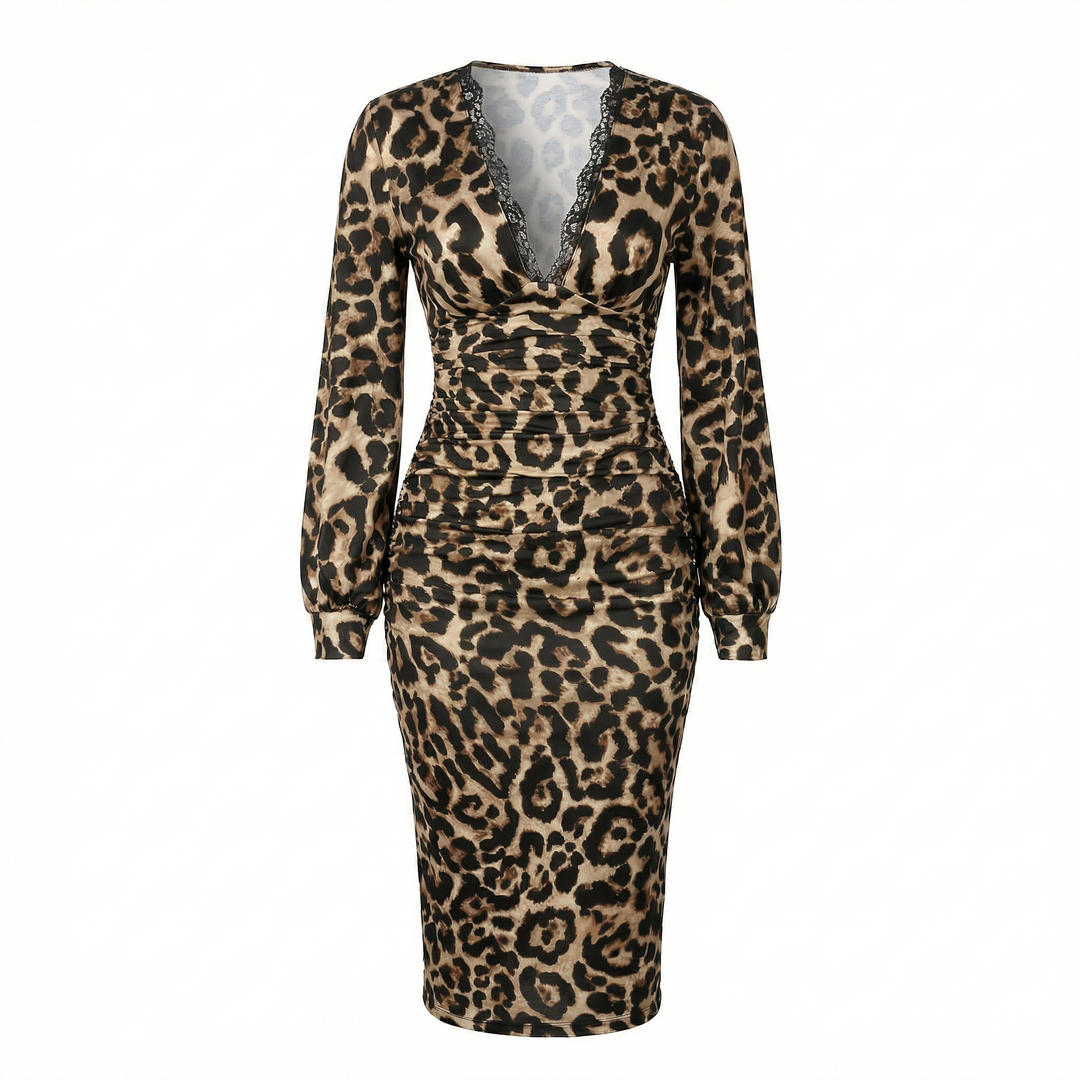 Dames Luipaardprint Midi Jurk - Elegante V-hals - Luipaardprint