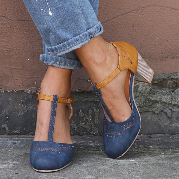 Dames Mary Janes met blokhak in blauw, Klassieke T-band stijl